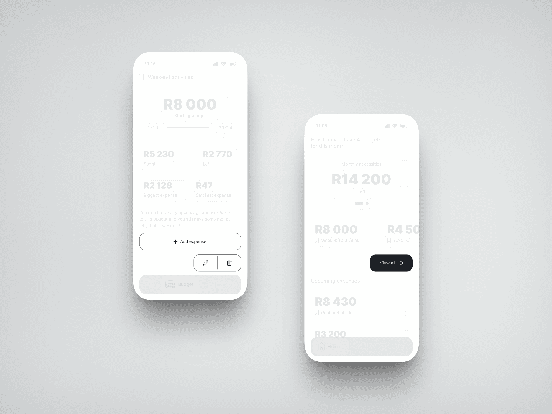 Buccet user interface - action elements
